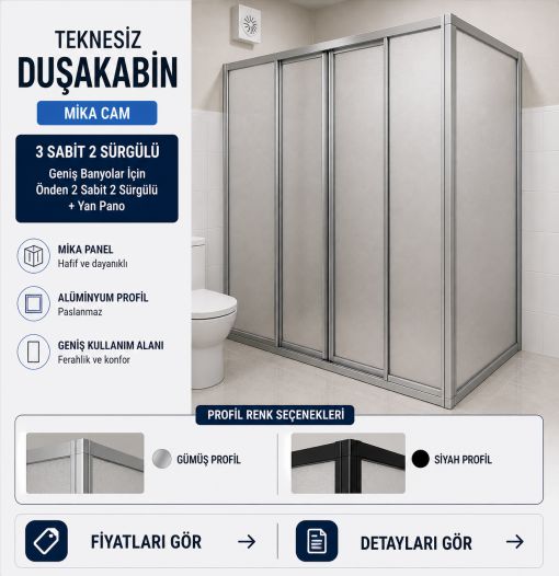 Teknesiz Mika Siyah Profil Düz Duşakabin 3 sabit 2 Sürgülü Teknesiz Mika Siyah Profil Düz Duşakabin 3 sabit 2 Sürgülü