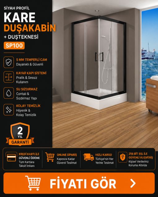 Siyah Profil Kare Duşakabin+Duşteknesi SP100 