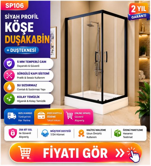 Siyah Profil Köşe Duşakabin+Duşteknesi SP106 