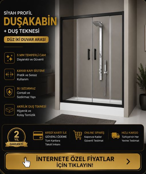Siyah Profilli Lüks Camlı Duşakabin ve Dikdörtgen Duş Teknesi 